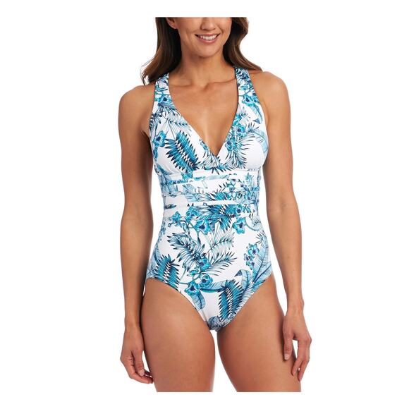 LA BLANCA Women's Aqua Floral Deep V Neck Strappy One Piece Swimsuit 16 - Picture 1 of 6